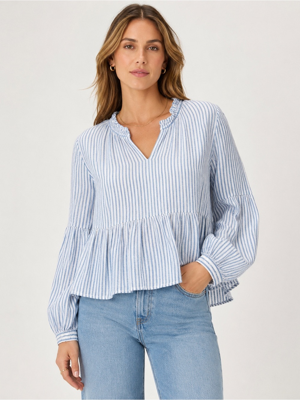 Rails Raylyn Linen Blend Striped Peplum Blouse Blue White Small